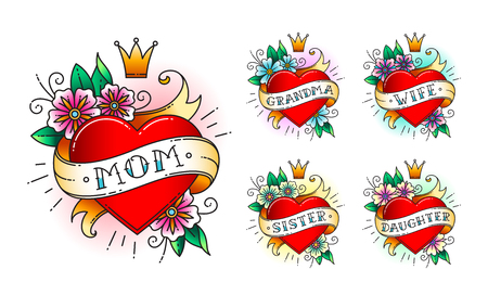 Set of Classic tattoo heart with flowers, crown and  ribbon with words -  mom, grandma, wife, sister, daughter. Classic old school American retro tattoo. Vector illustration.のイラスト素材