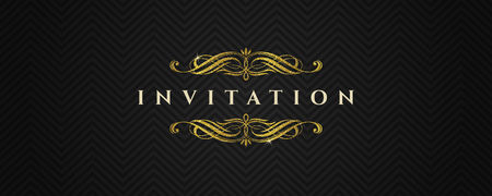 Template invitation with glitter gold flourishes elements on a black chevron pattern  - vector illustrationのイラスト素材