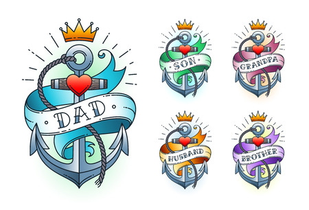 Set of Classic tattoo anchor with crown, heart and  ribbon with words - dad, son, grandpa, husband, brother. Classic old school American retro tattoo. Vector illustration.のイラスト素材