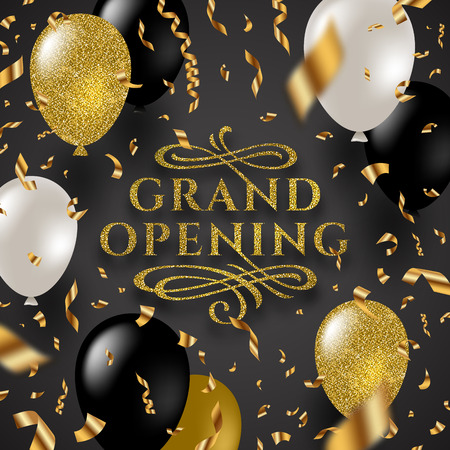 Grand opening - glitter gold logo with flourishes ornamental elements surrounded by golden foil confetti, white and glitter gold balloons. Vector illustration.のイラスト素材