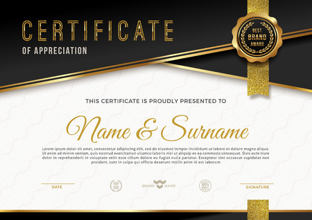 Certificate template with guilloche pattern and luxury golden elements. Diploma template design. Vector illustration.のイラスト素材