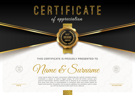 Certificate template with guilloche pattern and luxury golden elements. Diploma template design. Vector illustration.のイラスト素材