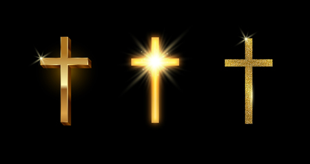 Set of golden latin cross. Shining glitter gold catholic cross. Vector illustration.のイラスト素材