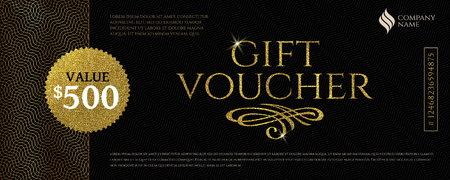 Gift voucher template with glitter gold elements. Vector illustration. Design for invitation, certificate, gift coupon, ticket, voucher, diploma etc.のイラスト素材