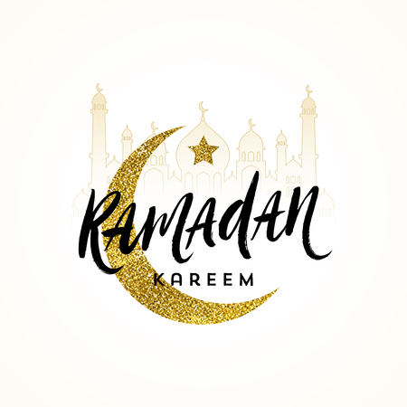Ramadan Kareem greeting card - Brush calligraphy greeting against a glitter gold moon, star and silhouette of mosque. Vector illustration.のイラスト素材