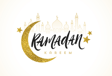 Ramadan Kareem greeting card - Brush calligraphy greeting, glitter gold moon, star and silhouette of mosque. Vector illustration.のイラスト素材