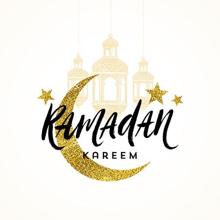 Ramadan Kareem greeting card - Brush calligraphy greeting, glitter gold moon, stars and  hand drawn lanterns. Vector illustration.のイラスト素材