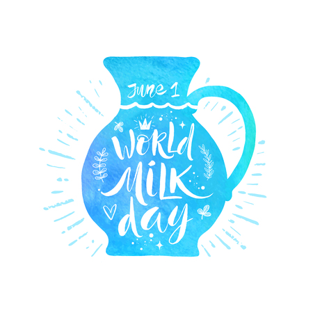 World milk day - vector illustration. Jug with hand drawn lettering. Greeting card with brush calligraphy.のイラスト素材