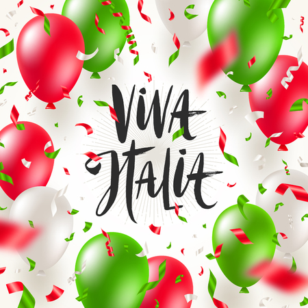 Italian republic day vector illustration. Brush lettering greeting, balloons and confetti in color of Italian national flag.のイラスト素材
