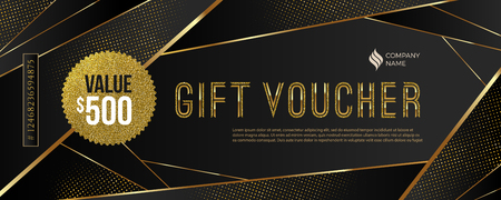 Gift voucher template with glitter gold elements. Vector illustration. Design for invitation, certificate, gift coupon, ticket, voucher, diploma etc.のイラスト素材
