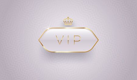 Vip glass label with golden crown and frame on a gray pattern background. Premium design. Luxury template design. Vector illustration.のイラスト素材