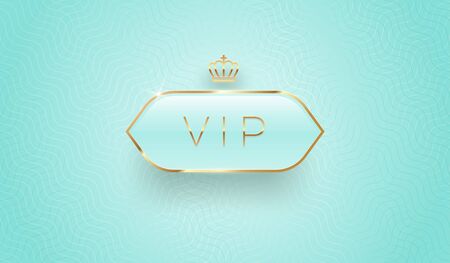 Vip glass label with golden crown and frame on a turquoise pattern background. Premium design. Luxury template design. Vector illustration.のイラスト素材