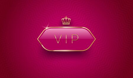 Vip glass label with golden crown and frame on a burgundy color pattern background. Premium design. Luxury template design. Vector illustration.のイラスト素材