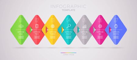Infographic template design with business icons. Flow chart witn seven options or steps. Infographic business concept. Design for presentation, promotion, workflow layout, diagram, annual report and etc.のイラスト素材