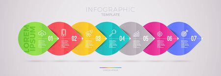 Infographic template design with business icons. Flow chart with seven options or steps. Infographic business concept. Design for presentation, promotion, workflow layout, diagram, annual report and etc.のイラスト素材