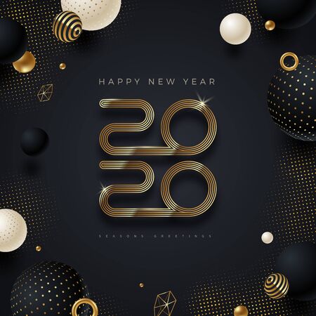 2020 new year logo. Greeting design with golden  number of year and black and gold abstract shapes. Design for greeting card, invitation, calendar, etc.のイラスト素材