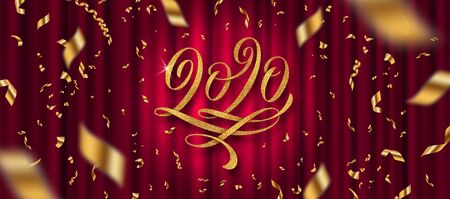 2020 New Year greeting design. Glitter gold flourishes calligraphic 2020 year logo and golden confetti on a red curtain background. Vector illustration. Can be used for greeting card, invitation, calendar, etc.のイラスト素材