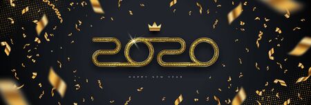 2020 new year logo. Greeting design with number of year and golden confetti on a black background. Design for greeting card, invitation, calendar, etc.のイラスト素材
