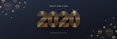 2020 new year logo. Greeting design with golden  number of year and snowflakes. Design for greeting card, invitation, calendar, etc.のイラスト素材