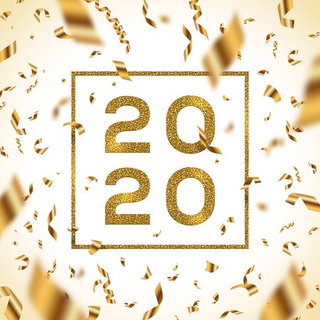 New year 2020 vector illustration. Glitter gold numbers of a year with frame and golden foil confetti.のイラスト素材
