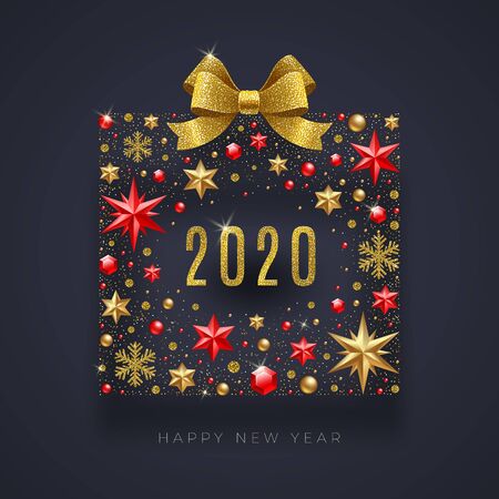 New Year 2020 greeting illustration. Abstract gift box made from stars, ruby gems, golden snowflakes, beads and glitter gold bow ribbon.のイラスト素材