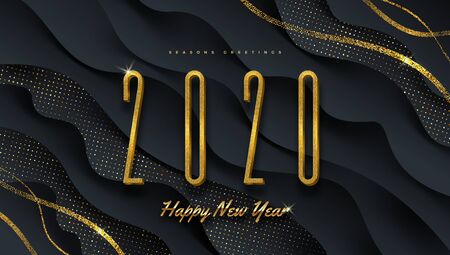 2020 new year illustration. Greeting design with golden  number of year on a abstract black layered background. Design for greeting card, invitation, calendar, etc.のイラスト素材