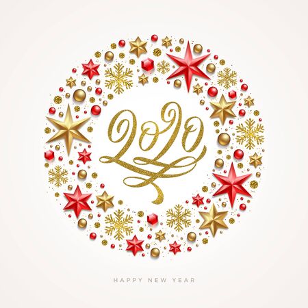 New Year greeting illustration. 2020 year - glitter gold flourishes calligraphy in frame which is made from holiday decor. design for greeting card, invitation, calendar and etc.のイラスト素材