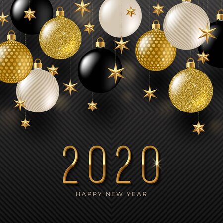 2020 new year and holiday decorations. Greeting design with glitter baubles and golden stars. Design for greeting card, invitation, calendar, etc.のイラスト素材