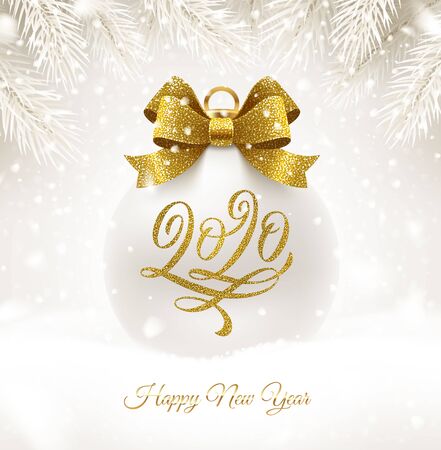 Holiday white bauble with glitter gold bow ribbon and 2020 year flourishes calligraphic . Christmas ball on a snow. Holiday illustration. Design for greeting card, invitation, calendar, etc.のイラスト素材