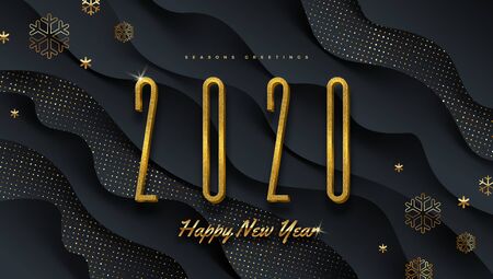 2020 new year . Greeting design with golden  number of year and snowflakes on a abstract black layered background. Design for greeting card, invitation, calendar, etc.のイラスト素材
