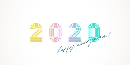 Multicolored 2020 new year with calligraphic holiday greeting on a white background. Design for greeting card, invitation, calendar, etc.のイラスト素材