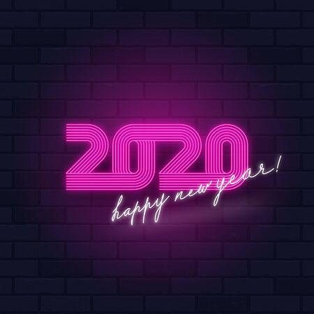Neon light sign - 2020 new year and calligraphic holiday greeting. Design for greeting card, invitation, calendar, etc.のイラスト素材