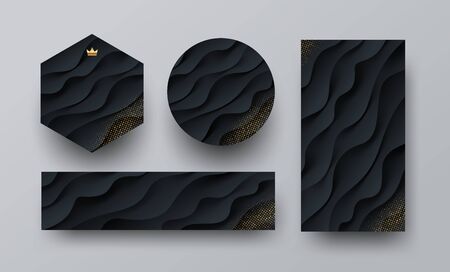 Set of different shape black banners with layered paper effect and golden halftone. Vector illustration.のイラスト素材