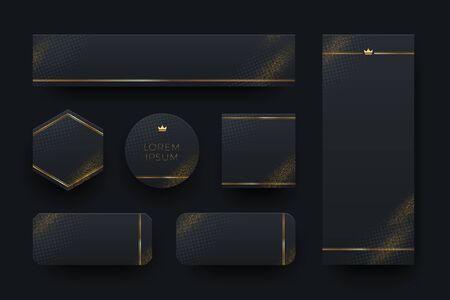 Set of different shape black banners with golden halftone and border. Vector illustration.のイラスト素材
