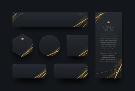 Set of different shape black banners with golden halftone and glitter gold elements. Luxury design banners. Vector illustration.のイラスト素材