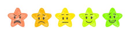 Hand drawn rate stars. Feedback emoticons stars scale.
Illustration of satisfaction level. Emoticon set consumer Review. Vector illustration.のイラスト素材