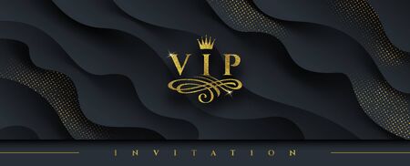 VIP invitation template - Glitter gold logo with crown and flourishes element  on abstract layered black background. Vector illustration. Can be used for invitation, greeting, ticket, flyer and etc.のイラスト素材
