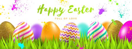 Easter greeting illustration. Calligraphic Easter greeting, multicolored painted holiday eggs on the...
