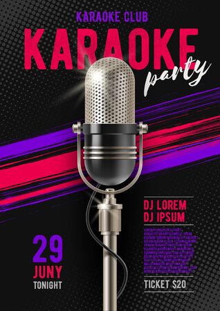 Karaoke poster template with retro microphone. Vector illustration. Design for cover, flyer, invitation, placard.のイラスト素材