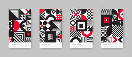 Poster set with geometric shapes and pattern. Trendy black and white design with red accents. Monochrome design with red elements. Cover design. Vector illustration.のイラスト素材