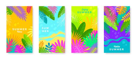 Set of background with tropical leaves and plants. Floral multicolored design for cover, poster, flyer, greeting or invitation, Vector illustration.のイラスト素材