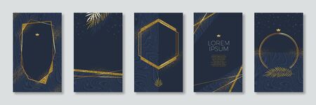 Set of elegant banner. Glitter gold frame and palm branches on a marble texture. Abstract geometric shape frames. Vector illustration. Design for cover, invitation, greeting card, flyer, poster.のイラスト素材