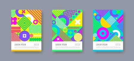 Poster set with geometric shapes and pattern. Trendy multicolored design. Cover design. Vector illustration.のイラスト素材