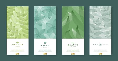 Leaves and nature banner set. Beauty and health minimal design. Voucher template with logo - health, yoga, beauty, spa. Vector illustration.のイラスト素材