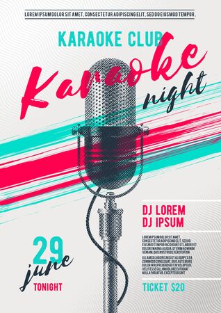 Karaoke poster template with retro microphone. Vector illustration. Design for cover, flyer, invitation, placard.のイラスト素材