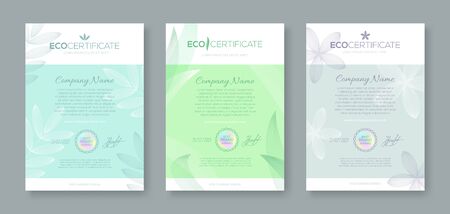 Set of eco certificate template with floral and nature elements. Eco friendly awards. Design can be used for diploma, invitation, coupon, gift voucher. Vector illustration.のイラスト素材