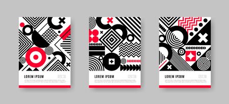 Poster set with geometric shapes and pattern. Trendy black and white design with red accents. Monochrome design with red elements. Cover design. Vector illustration.のイラスト素材