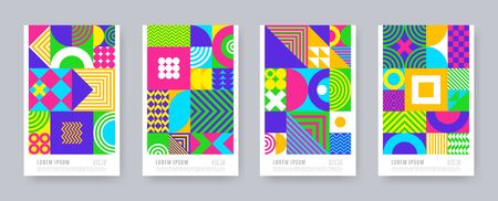 Set of posters with geometric shapes and pattern. Trendy multicolored design. Cover design. Vector illustration.のイラスト素材