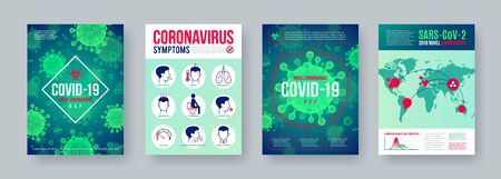 Coronavirus poster set with infographics elements. Novel coronavirus 2019-nCoV banners. Concept of dangerous Covid-19 pandemic. Vector illustration.のイラスト素材
