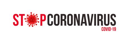 Stop Covid-19 headline inscription. Stop Coronavirus typography design with virus symbol. Coronavirus pandemic concept banner. Vector illustration.のイラスト素材